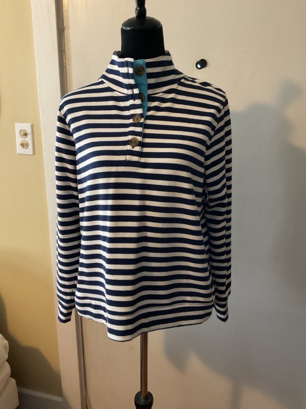 J.Crew Navy White Striped Button Neck Pullover Sweatshirt M